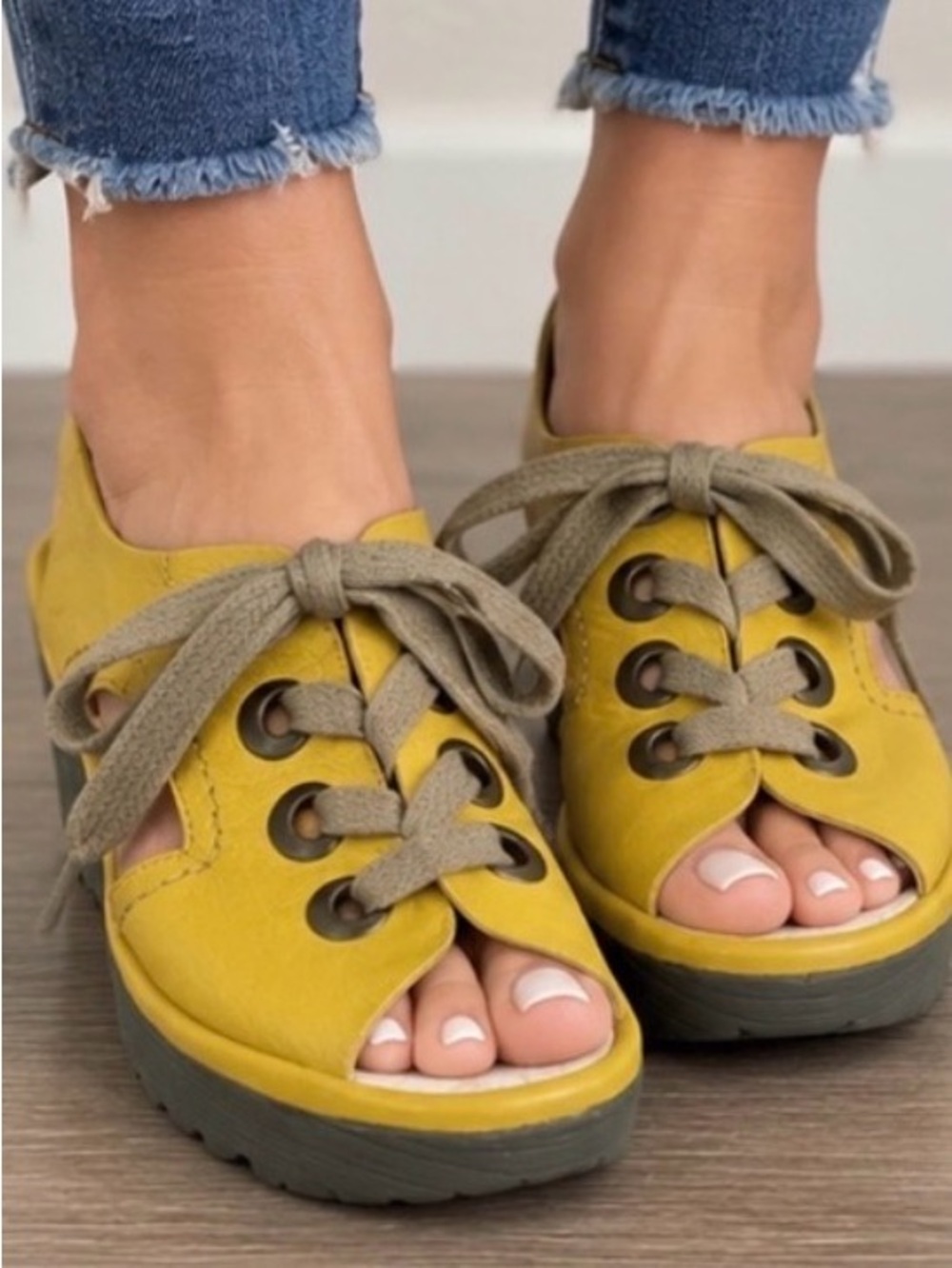Fly London Ylva Leather Lace Up Wedge in Yellow - Size 39